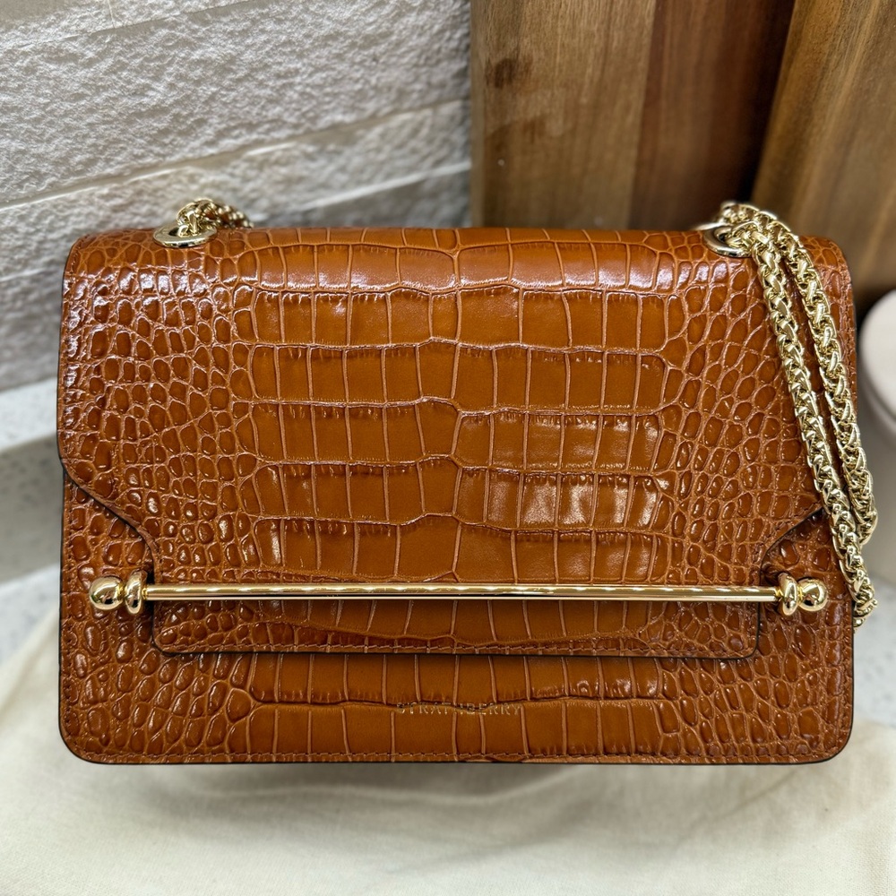 Like new Strathberry East/West Caramel Brown Croc-Embossed Bag with Gold Chain